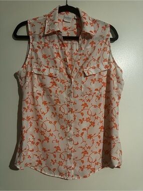 New York & Company White Sleeveless Button-Front Top with Orange Floral Print